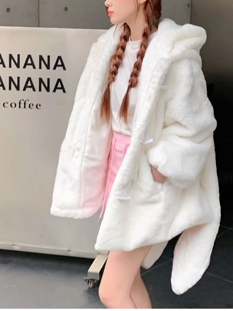 Lautaro Winter Oversized Warm White Faux Fur Coat Women With Bunny Ears Kawaii Sweet Cute Japanese Style Fluffy Jacket Hoodie