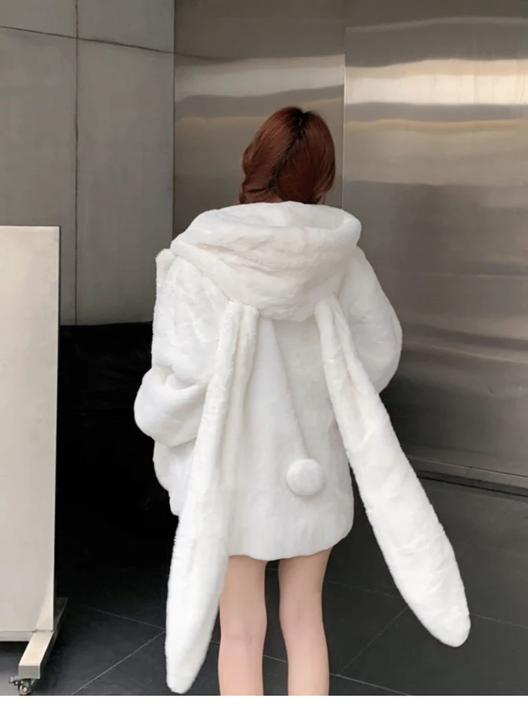 Lautaro Winter Oversized Warm White Faux Fur Coat Women With Bunny Ears Kawaii Sweet Cute Japanese Style Fluffy Jacket Hoodie