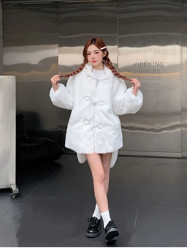 Lautaro Winter Oversized Warm White Faux Fur Coat Women With Bunny Ears Kawaii Sweet Cute Japanese Style Fluffy Jacket Hoodie