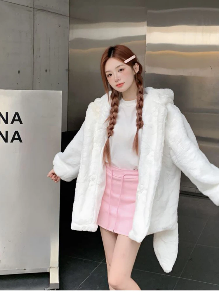 Lautaro Winter Oversized Warm White Faux Fur Coat Women With Bunny Ears Kawaii Sweet Cute Japanese Style Fluffy Jacket Hoodie
