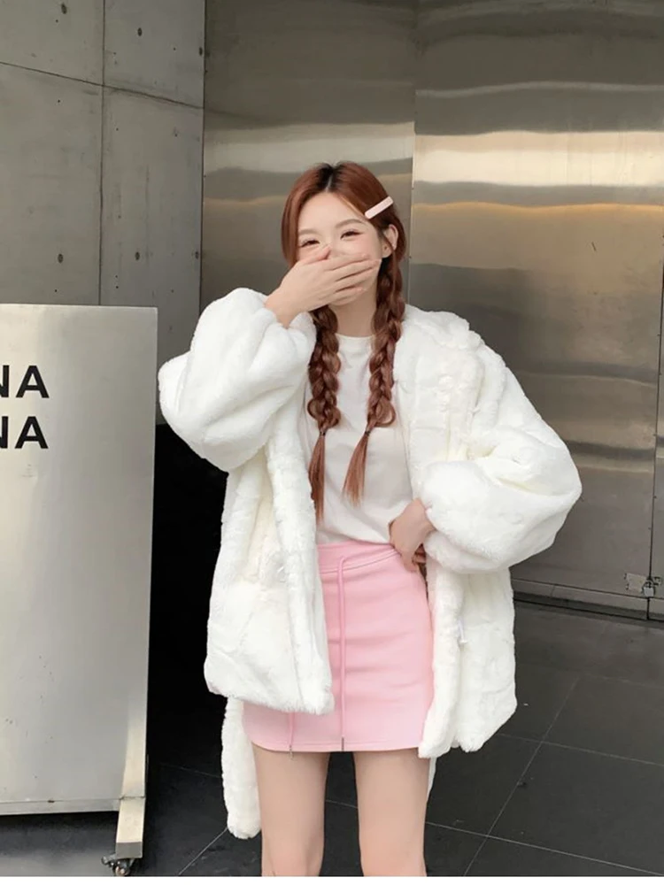 Lautaro Winter Oversized Warm White Faux Fur Coat Women With Bunny Ears Kawaii Sweet Cute Japanese Style Fluffy Jacket Hoodie