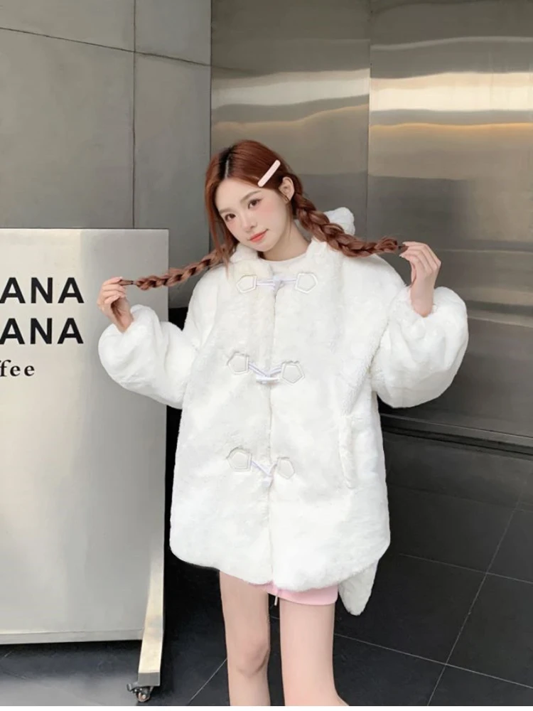 Lautaro Winter Oversized Warm White Faux Fur Coat Women With Bunny Ears Kawaii Sweet Cute Japanese Style Fluffy Jacket Hoodie