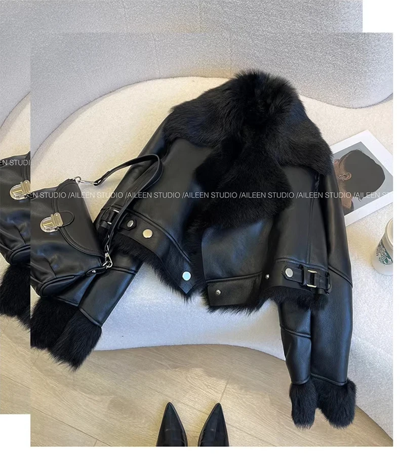Lautaro Autumn Winter Cool Short Loose Black Thick Warm Soft Hairy Faux Sheepskin Coat Women Luxury Designer Fluffy Jacket 2025