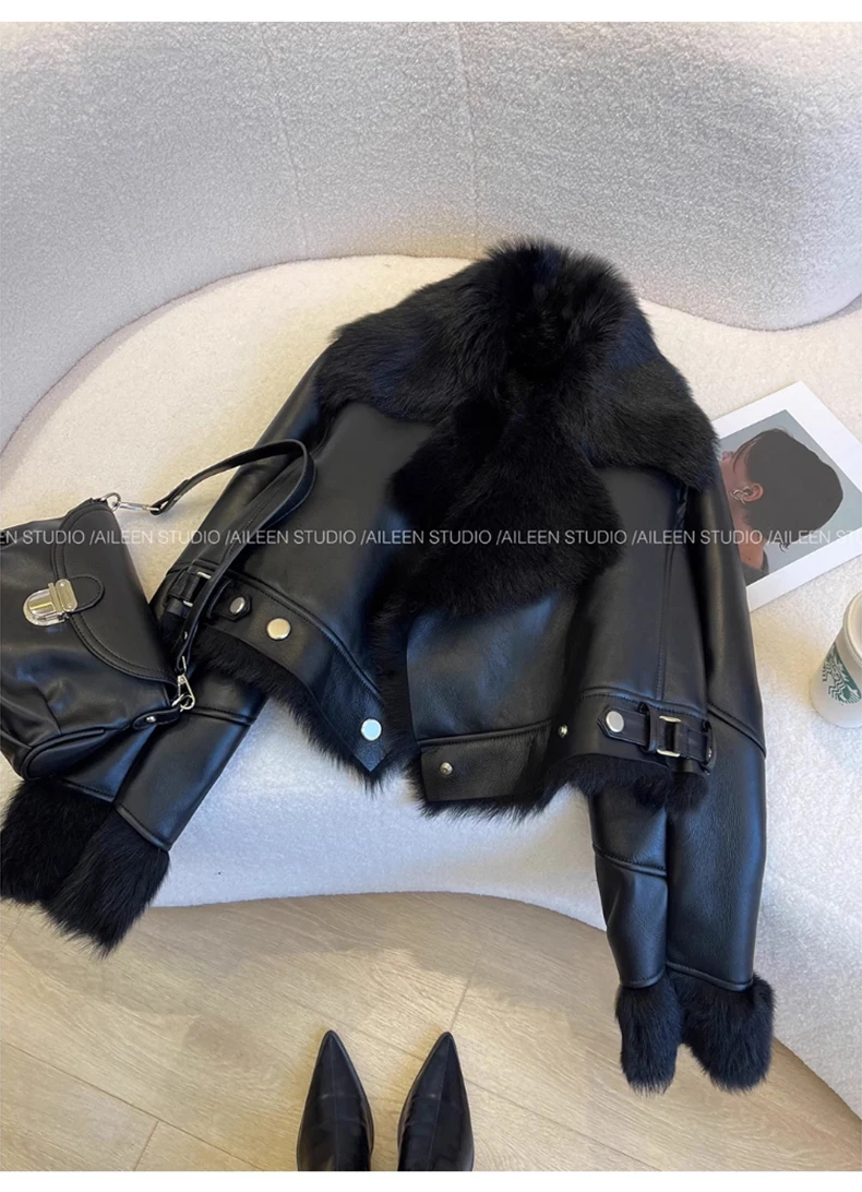 Lautaro Autumn Winter Cool Short Loose Black Thick Warm Soft Hairy Faux Sheepskin Coat Women Luxury Designer Fluffy Jacket 2025