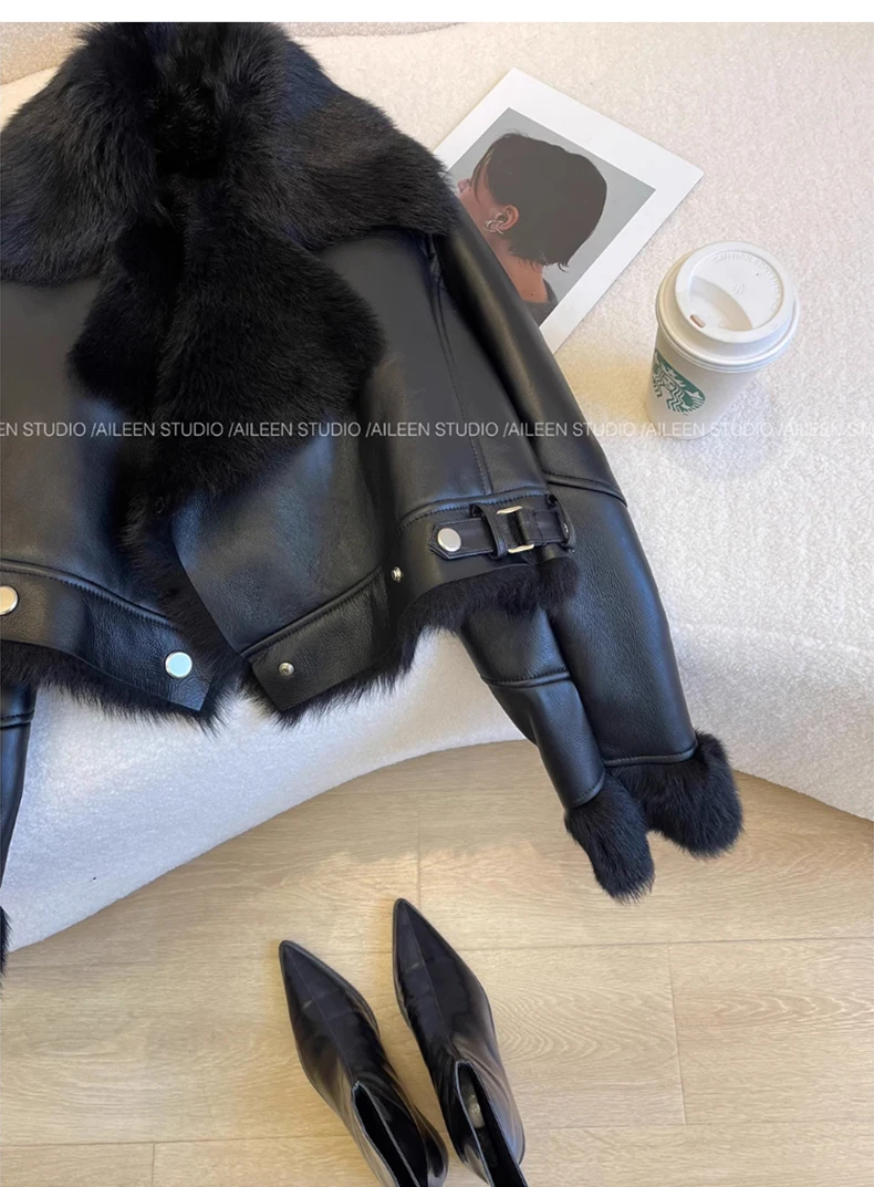 Lautaro Autumn Winter Cool Short Loose Black Thick Warm Soft Hairy Faux Sheepskin Coat Women Luxury Designer Fluffy Jacket 2025