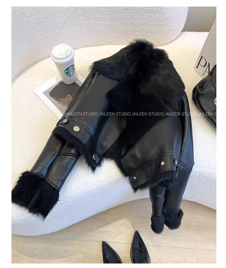 Lautaro Autumn Winter Cool Short Loose Black Thick Warm Soft Hairy Faux Sheepskin Coat Women Luxury Designer Fluffy Jacket 2025