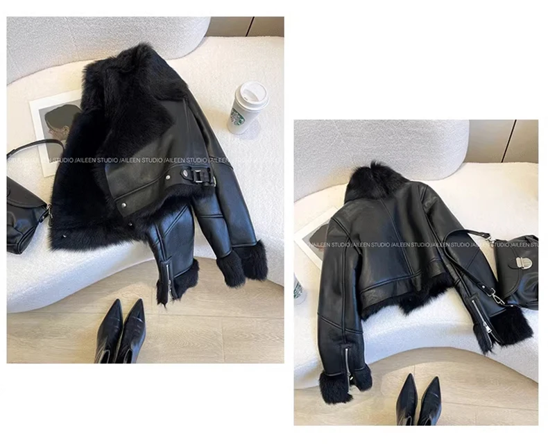 Lautaro Autumn Winter Cool Short Loose Black Thick Warm Soft Hairy Faux Sheepskin Coat Women Luxury Designer Fluffy Jacket 2025