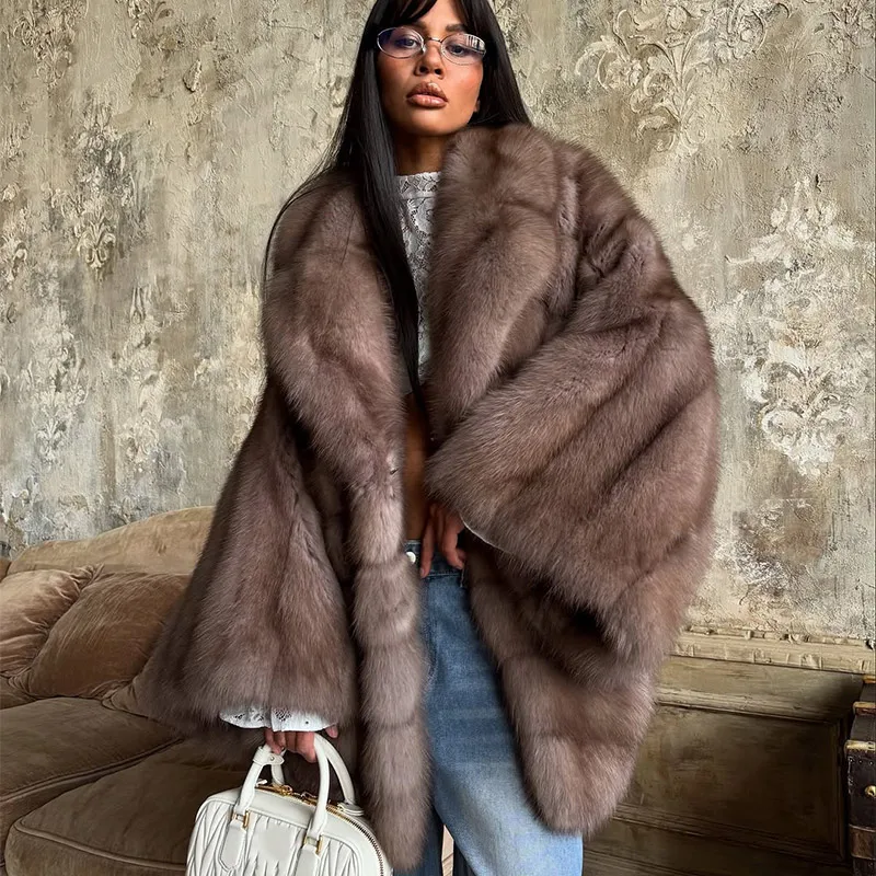 Women's Elegant Fake Fur Jacket Fashion Winter New Sleeve Bell Lapel Long Sleeve Coat Luxury Daily High Street Lady Outwear 2026