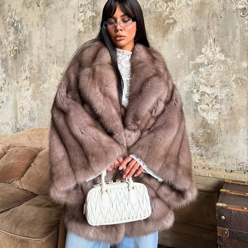 Women's Elegant Fake Fur Jacket Fashion Winter New Sleeve Bell Lapel Long Sleeve Coat Luxury Daily High Street Lady Outwear 2026
