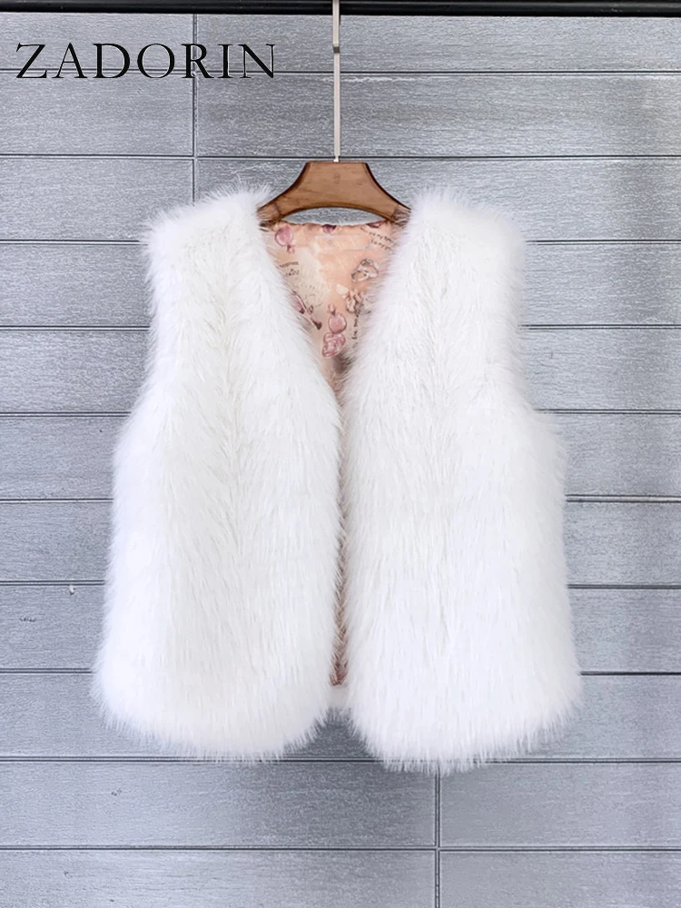 ZADORIN 2026 Autumn Winter Fashion Fur Waistcoat Women Casual Warm Faux Fur Vest V Neck Pink Black White Faux Fur Coat Crop Tops