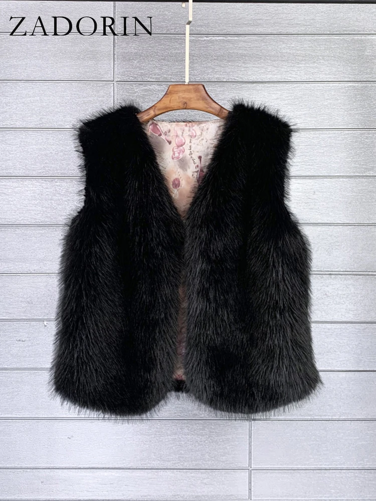 ZADORIN 2026 Autumn Winter Fashion Fur Waistcoat Women Casual Warm Faux Fur Vest V Neck Pink Black White Faux Fur Coat Crop Tops