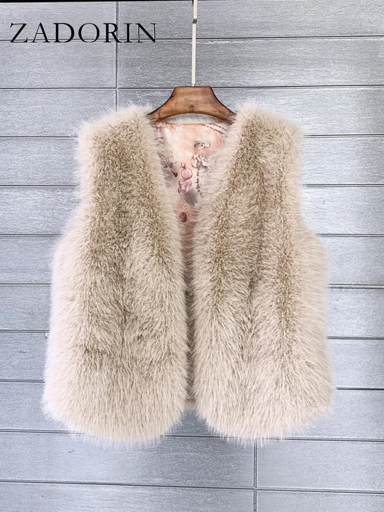 ZADORIN 2026 Autumn Winter Fashion Fur Waistcoat Women Casual Warm Faux Fur Vest V Neck Pink Black White Faux Fur Coat Crop Tops