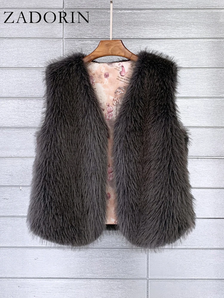 ZADORIN 2026 Autumn Winter Fashion Fur Waistcoat Women Casual Warm Faux Fur Vest V Neck Pink Black White Faux Fur Coat Crop Tops
