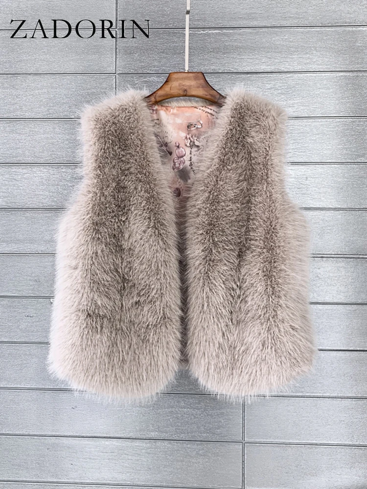 ZADORIN 2026 Autumn Winter Fashion Fur Waistcoat Women Casual Warm Faux Fur Vest V Neck Pink Black White Faux Fur Coat Crop Tops