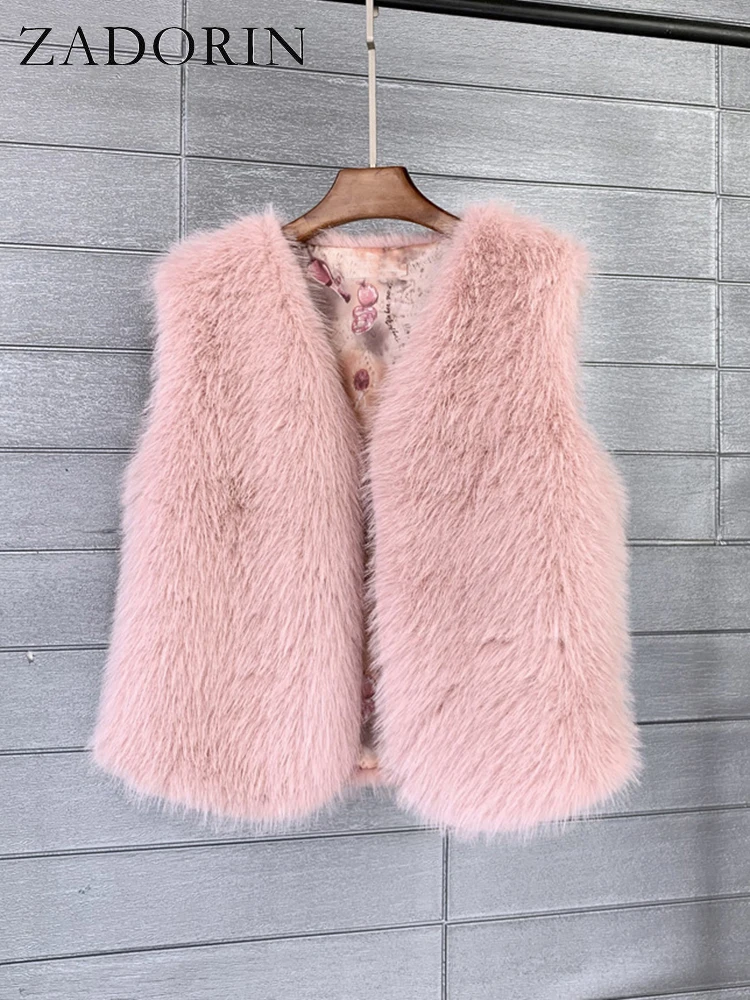 ZADORIN 2026 Autumn Winter Fashion Fur Waistcoat Women Casual Warm Faux Fur Vest V Neck Pink Black White Faux Fur Coat Crop Tops