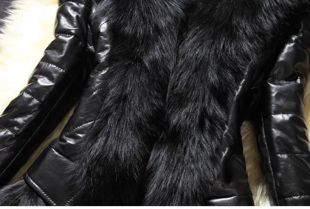 PU Leather Faux Fur Women Coat 2021 Casual Fluffy Coat Black Faux Fur Collar Jacket Coat