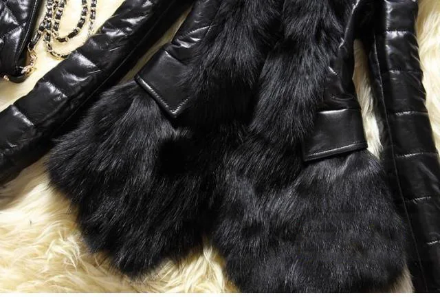 PU Leather Faux Fur Women Coat 2021 Casual Fluffy Coat Black Faux Fur Collar Jacket Coat