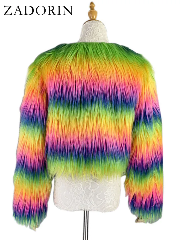 ZADORIN Fashion Colorful Rainbow Hairy Faux Fur Coat Women Crop Top Autumn Winter Fluffy Cropped Fur Jacket Festival Clothing