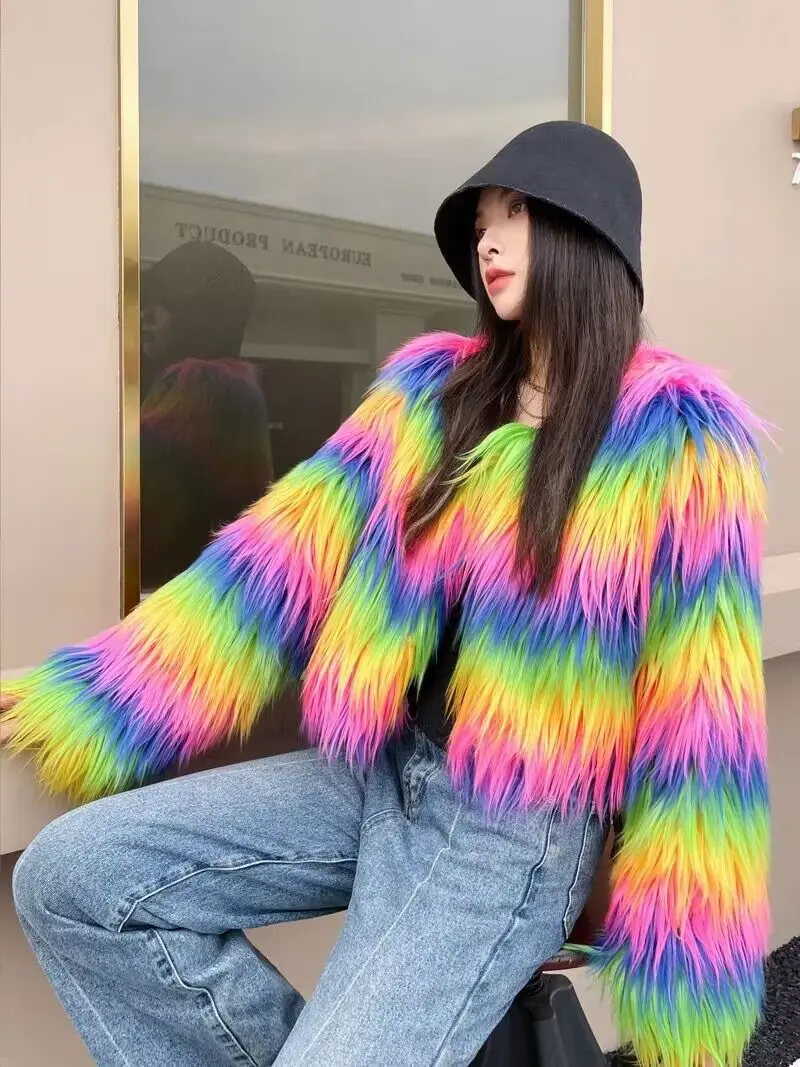 ZADORIN Fashion Colorful Rainbow Hairy Faux Fur Coat Women Crop Top Autumn Winter Fluffy Cropped Fur Jacket Festival Clothing