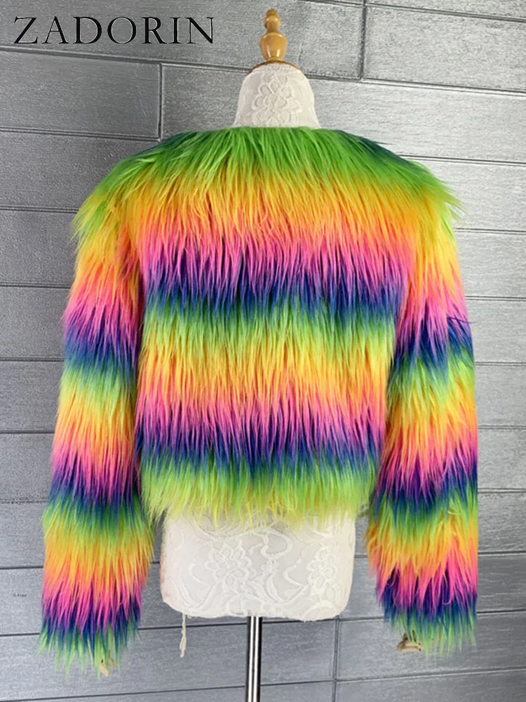 ZADORIN Fashion Colorful Rainbow Hairy Faux Fur Coat Women Crop Top Autumn Winter Fluffy Cropped Fur Jacket Festival Clothing