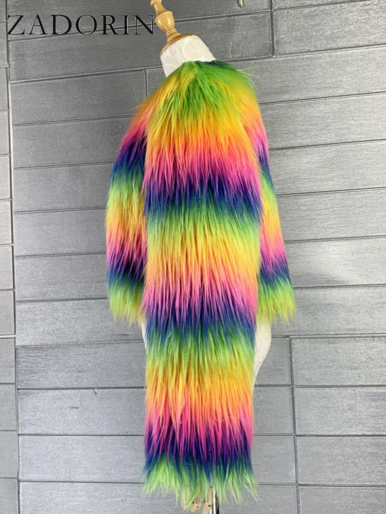 ZADORIN Fashion Colorful Rainbow Hairy Faux Fur Coat Women Crop Top Autumn Winter Fluffy Cropped Fur Jacket Festival Clothing