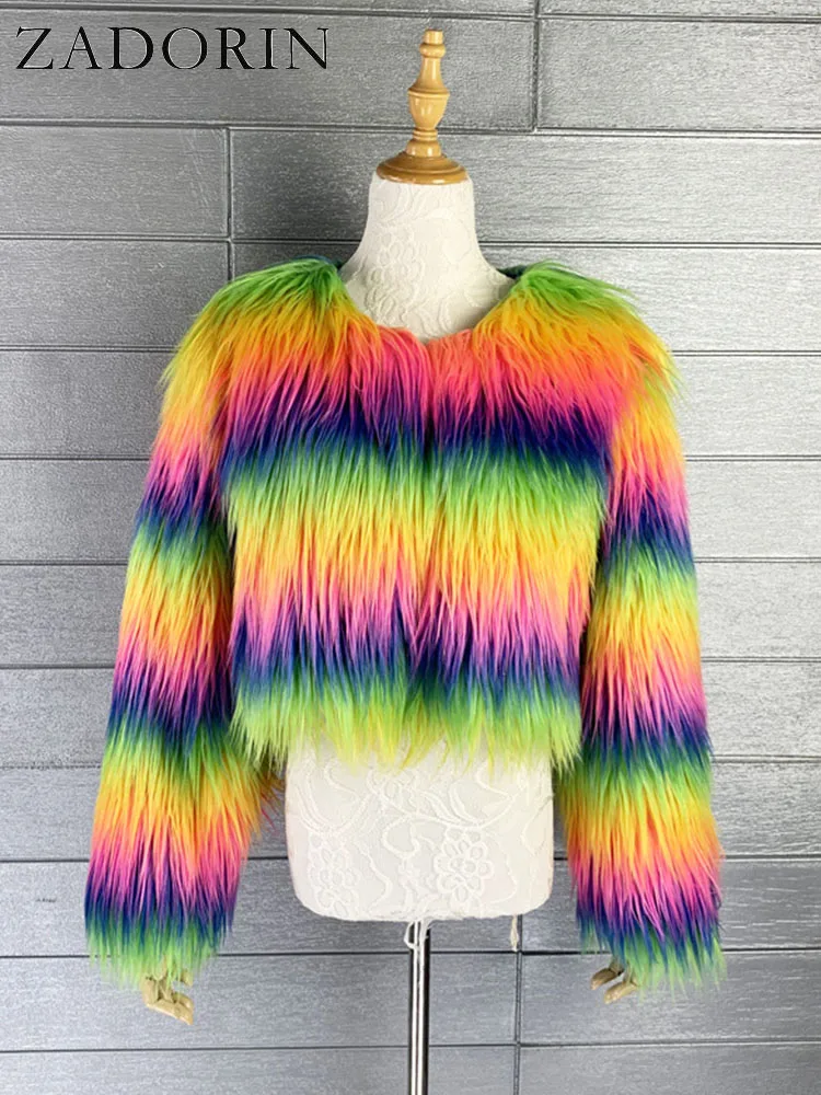 ZADORIN Fashion Colorful Rainbow Hairy Faux Fur Coat Women Crop Top Autumn Winter Fluffy Cropped Fur Jacket Festival Clothing