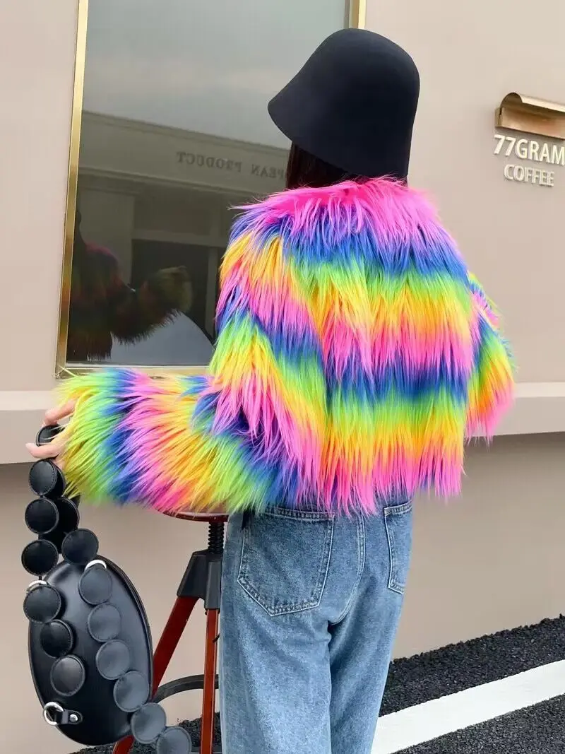 ZADORIN Fashion Colorful Rainbow Hairy Faux Fur Coat Women Crop Top Autumn Winter Fluffy Cropped Fur Jacket Festival Clothing