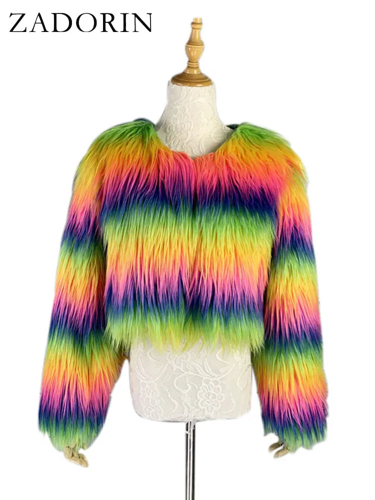 ZADORIN Fashion Colorful Rainbow Hairy Faux Fur Coat Women Crop Top Autumn Winter Fluffy Cropped Fur Jacket Festival Clothing