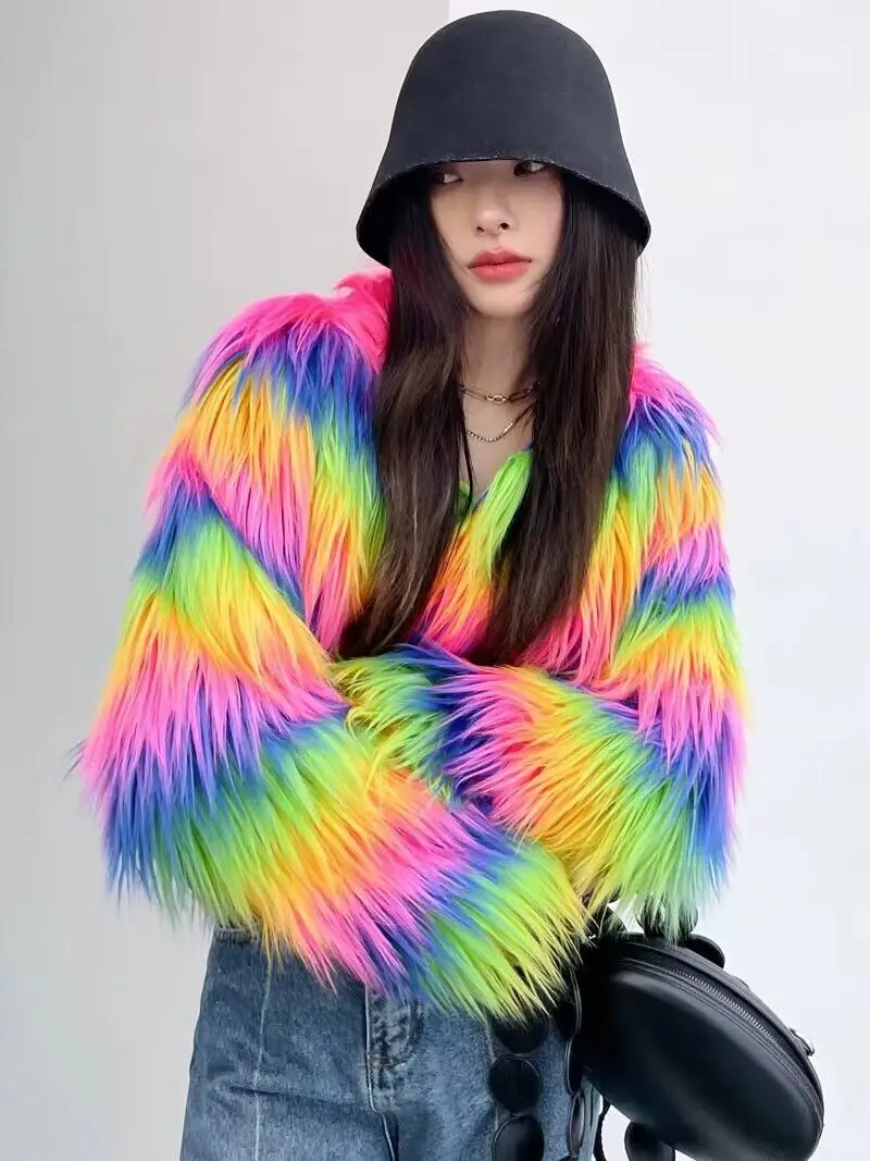 ZADORIN Fashion Colorful Rainbow Hairy Faux Fur Coat Women Crop Top Autumn Winter Fluffy Cropped Fur Jacket Festival Clothing