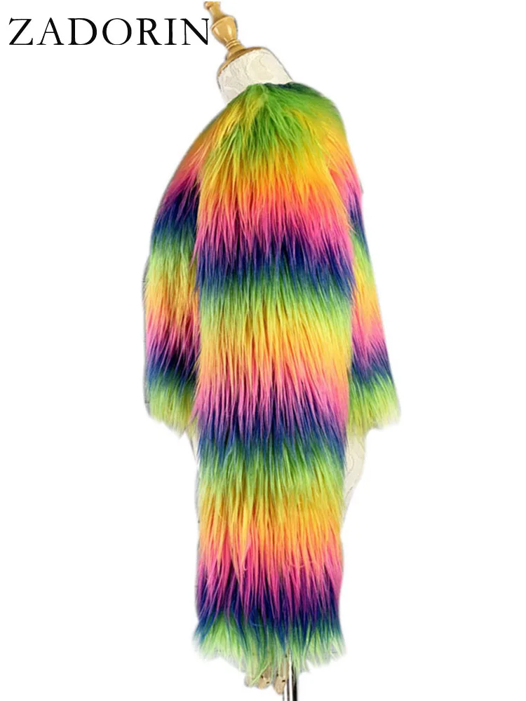 ZADORIN Fashion Colorful Rainbow Hairy Faux Fur Coat Women Crop Top Autumn Winter Fluffy Cropped Fur Jacket Festival Clothing