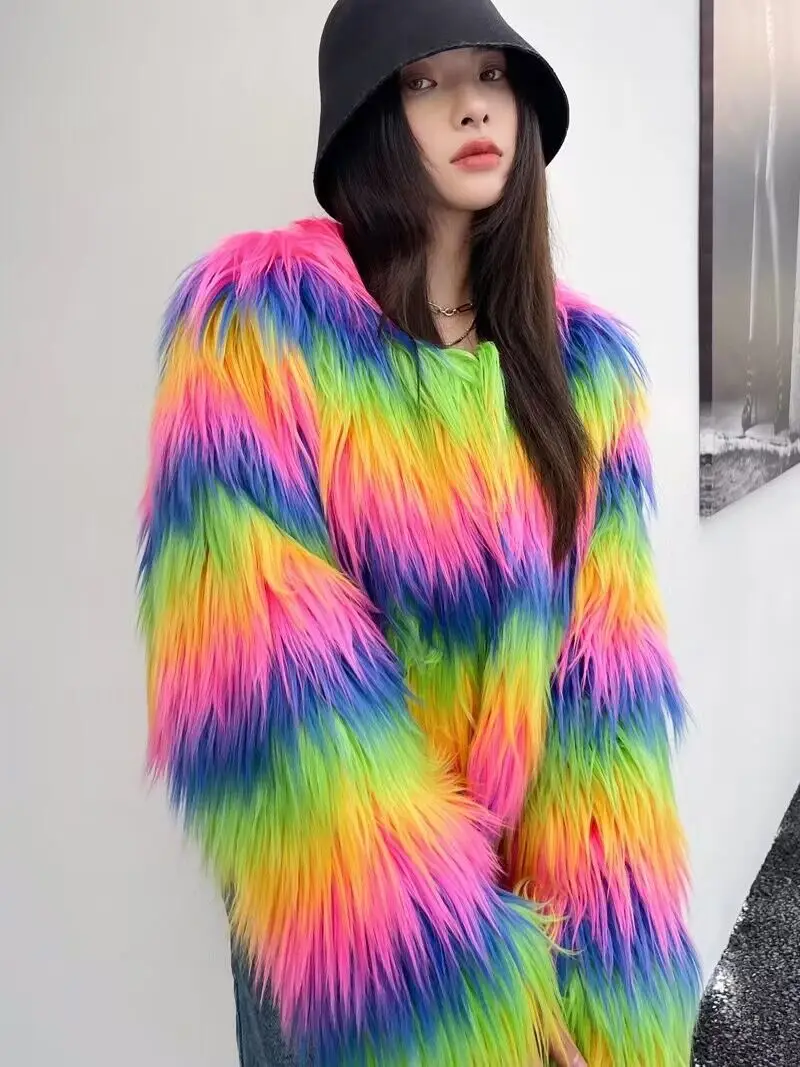 ZADORIN Fashion Colorful Rainbow Hairy Faux Fur Coat Women Crop Top Autumn Winter Fluffy Cropped Fur Jacket Festival Clothing