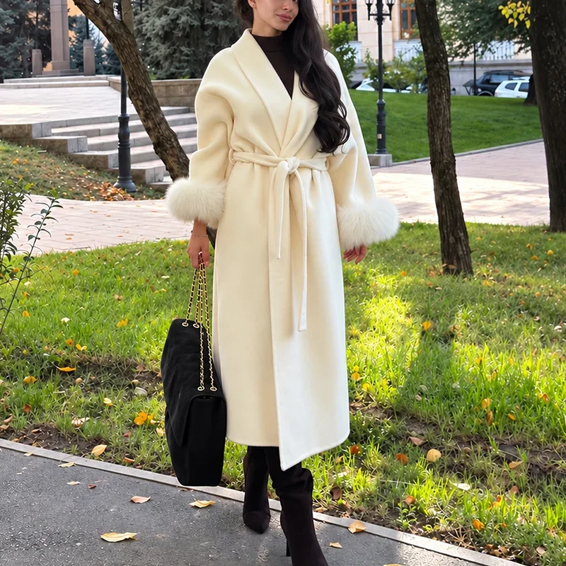 Trendix Fox Fur Woolen Women's Autumn Coat Fashion Patchwork Double-Sided Wool Overcoat 2025 New Elegant Office Commuter Jacket