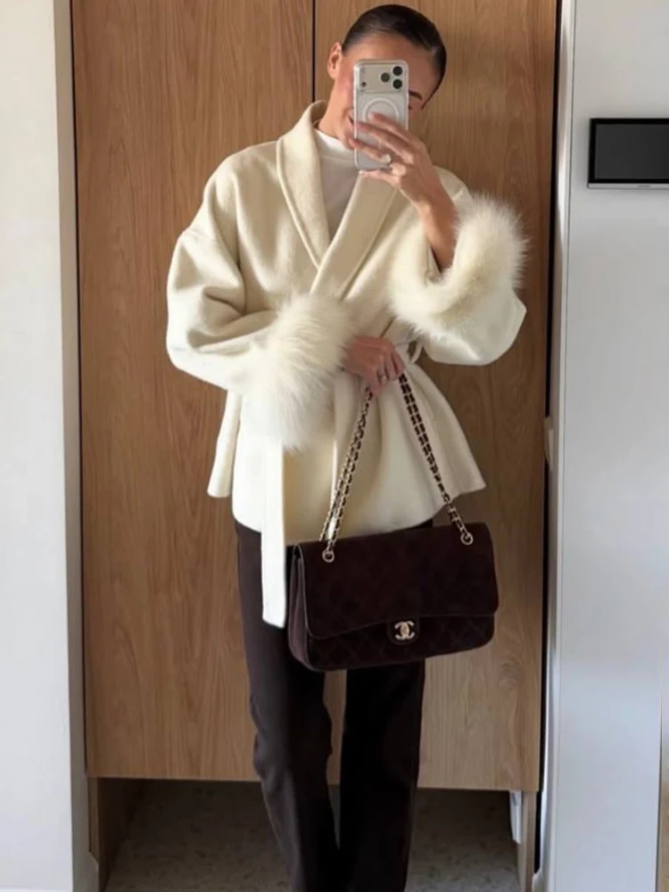 Trendix Fox Fur Woolen Women's Autumn Coat Fashion Patchwork Double-Sided Wool Overcoat 2025 New Elegant Office Commuter Jacket