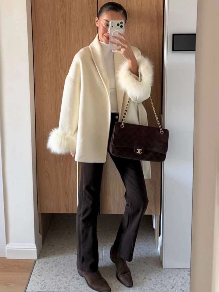 Trendix Fox Fur Woolen Women's Autumn Coat Fashion Patchwork Double-Sided Wool Overcoat 2025 New Elegant Office Commuter Jacket