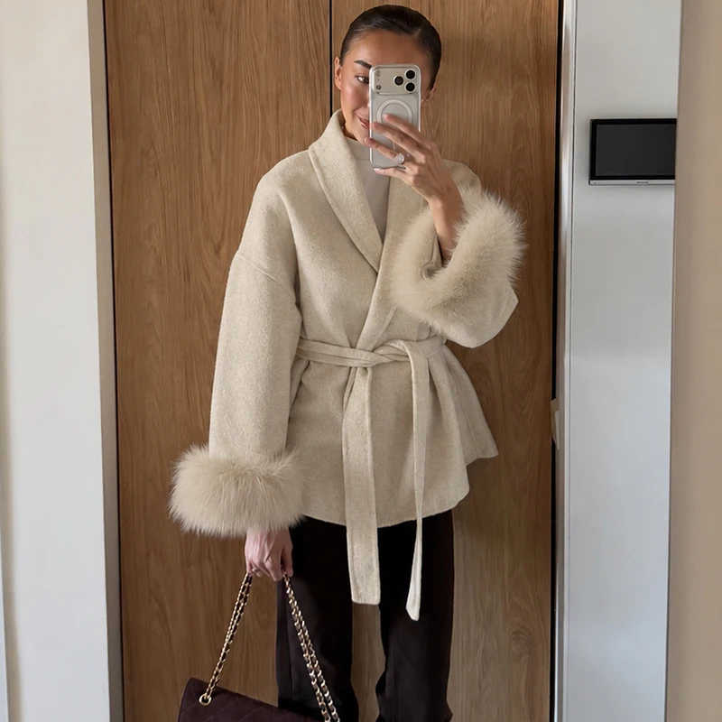 Trendix Fox Fur Woolen Women's Autumn Coat Fashion Patchwork Double-Sided Wool Overcoat 2025 New Elegant Office Commuter Jacket