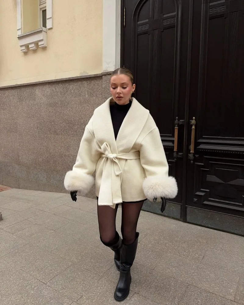Trendix Fox Fur Woolen Women's Autumn Coat Fashion Patchwork Double-Sided Wool Overcoat 2025 New Elegant Office Commuter Jacket