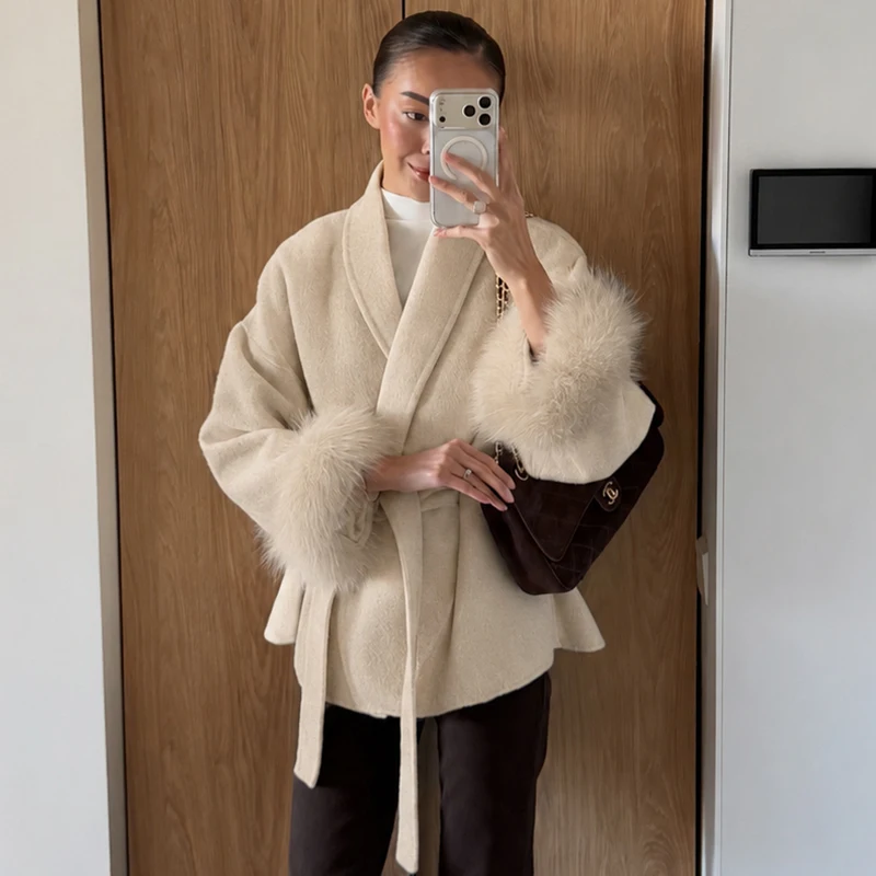 Trendix Fox Fur Woolen Women's Autumn Coat Fashion Patchwork Double-Sided Wool Overcoat 2025 New Elegant Office Commuter Jacket