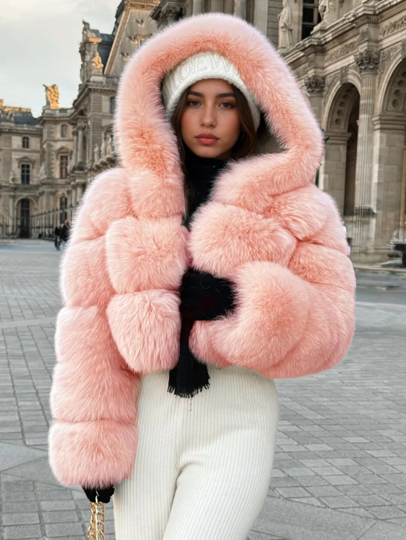Women Hooded Faux Fur Coats Solid Short Jackets Mini Lenth Long Sleeves Open Stitch Straight Y2k Casual 2026 Autumn Winter