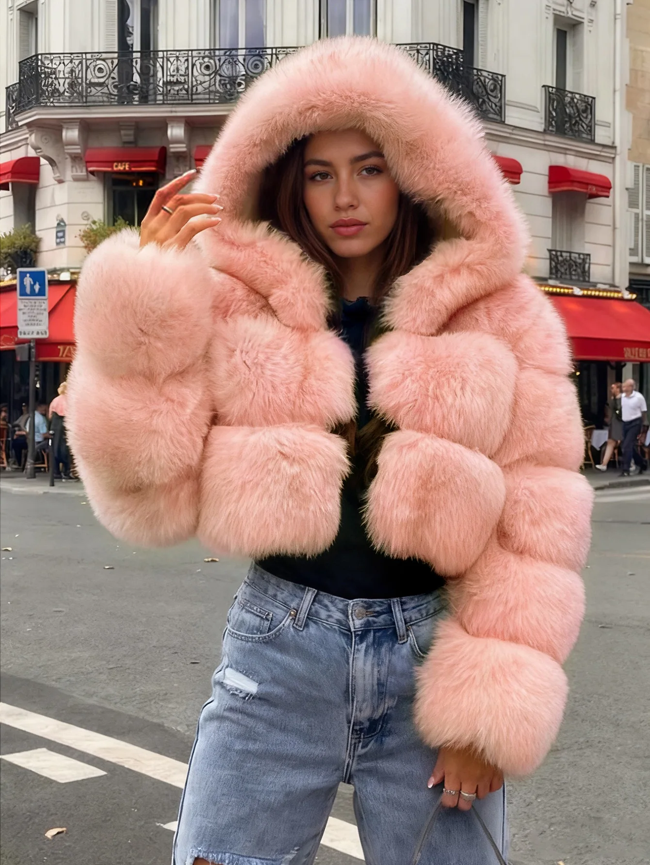 Women Hooded Faux Fur Coats Solid Short Jackets Mini Lenth Long Sleeves Open Stitch Straight Y2k Casual 2026 Autumn Winter