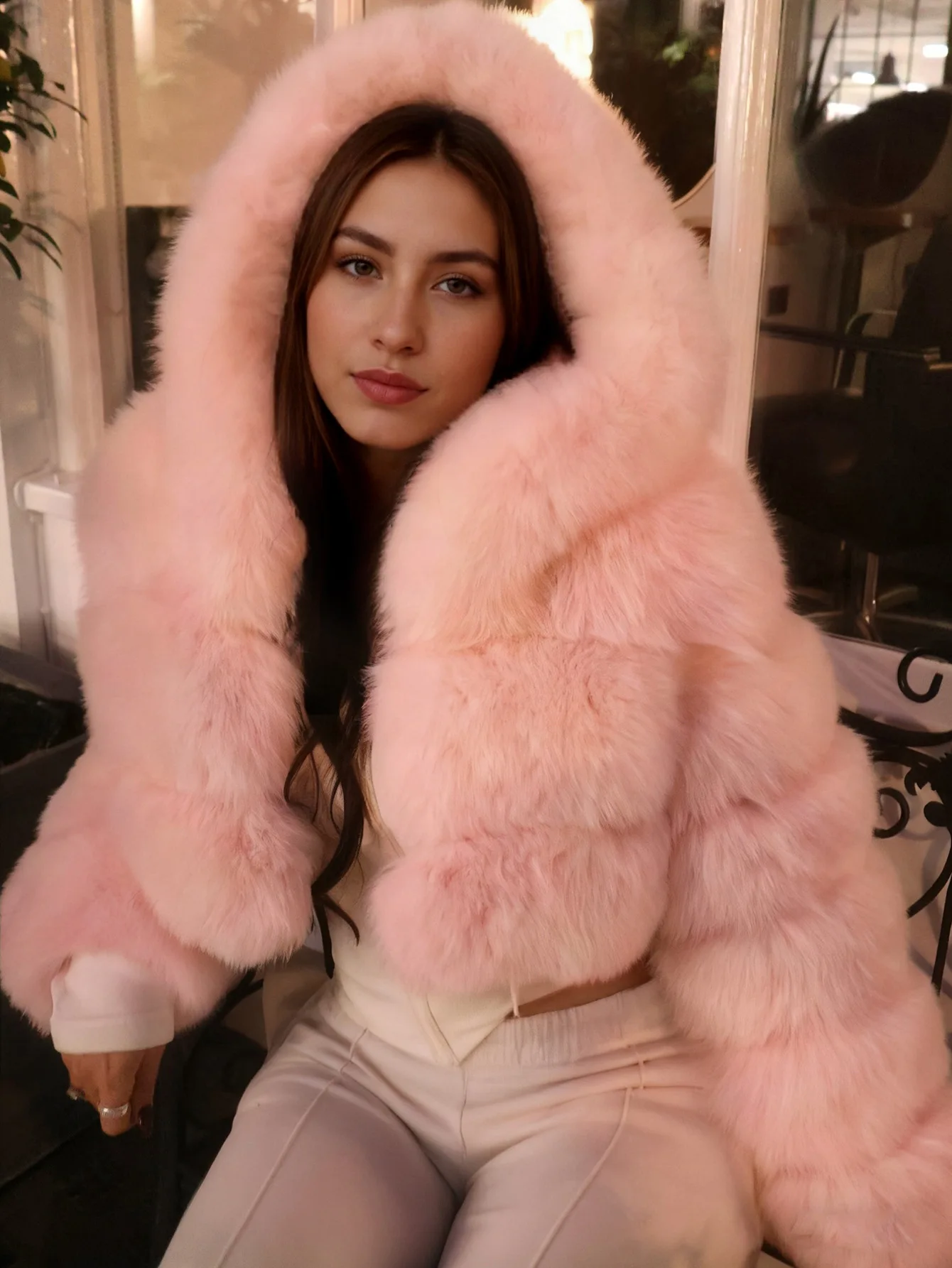 Women Hooded Faux Fur Coats Solid Short Jackets Mini Lenth Long Sleeves Open Stitch Straight Y2k Casual 2026 Autumn Winter