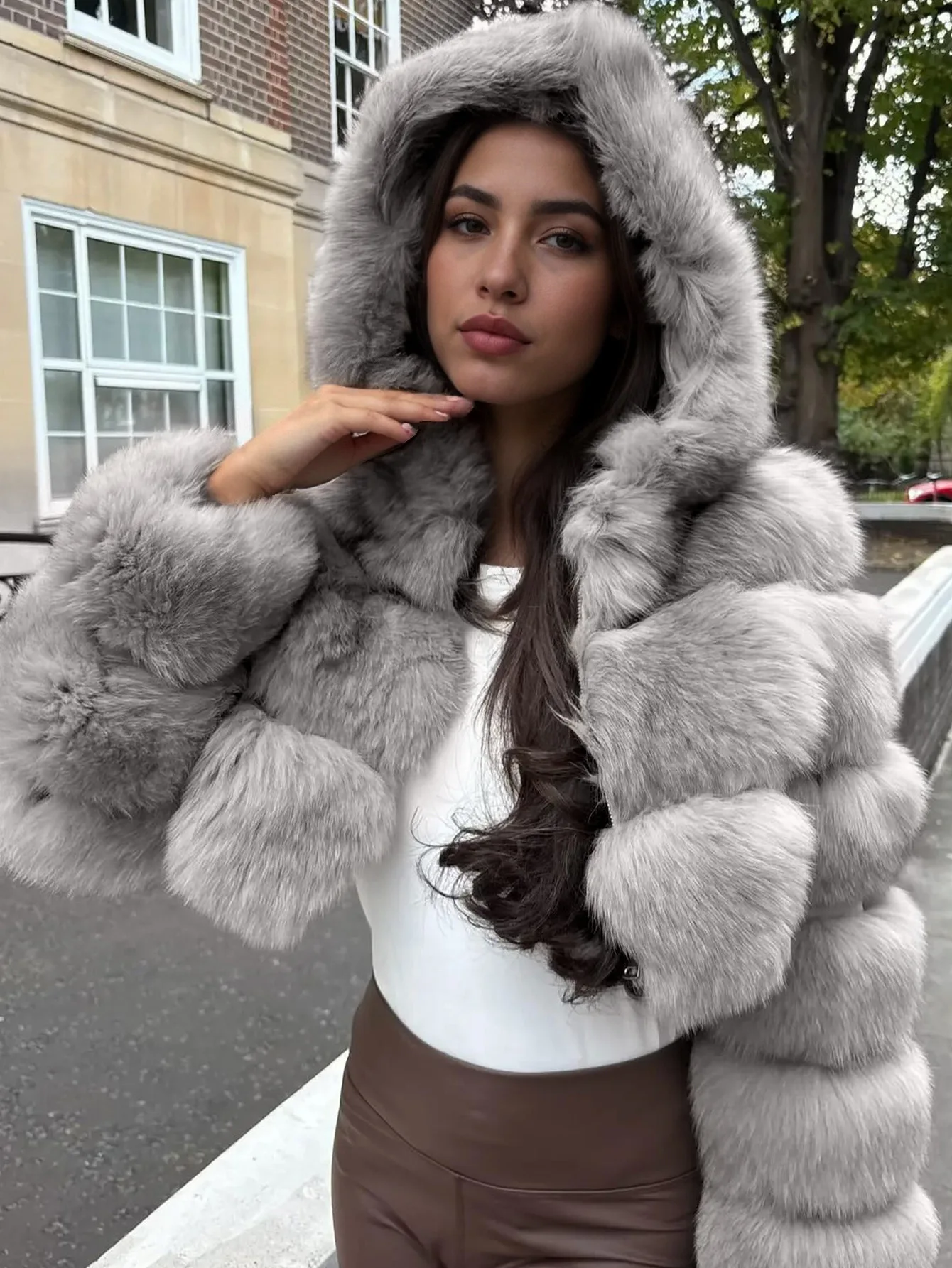 Women Hooded Faux Fur Coats Solid Short Jackets Mini Lenth Long Sleeves Open Stitch Straight Y2k Casual 2026 Autumn Winter