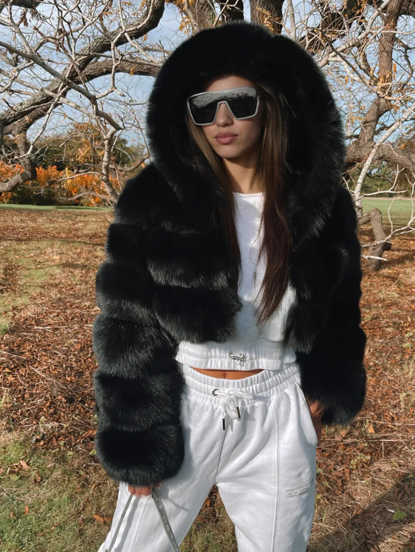 Women Hooded Faux Fur Coats Solid Short Jackets Mini Lenth Long Sleeves Open Stitch Straight Y2k Casual 2026 Autumn Winter