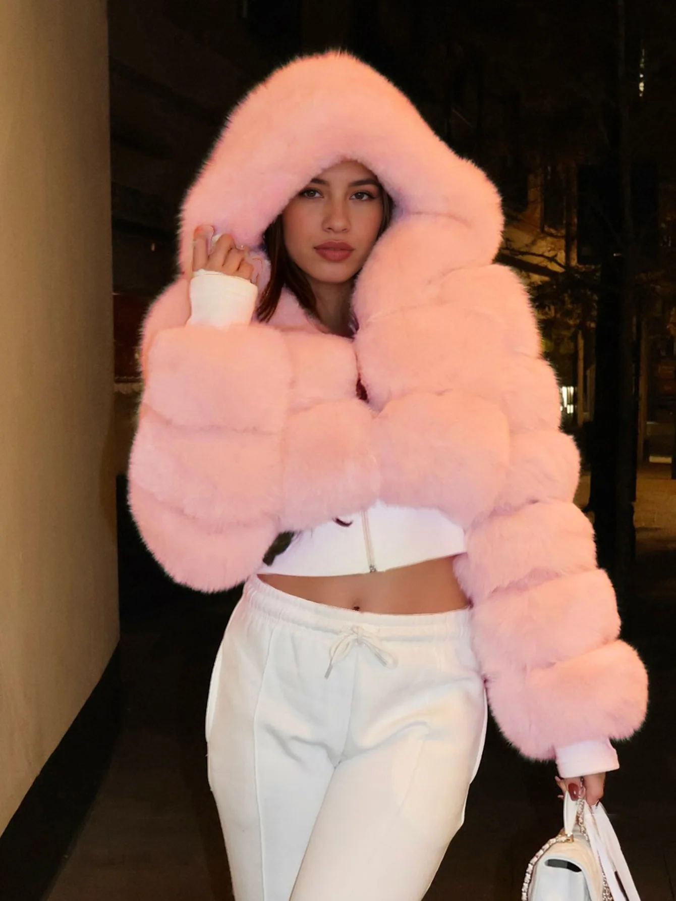 Women Hooded Faux Fur Coats Solid Short Jackets Mini Lenth Long Sleeves Open Stitch Straight Y2k Casual 2026 Autumn Winter