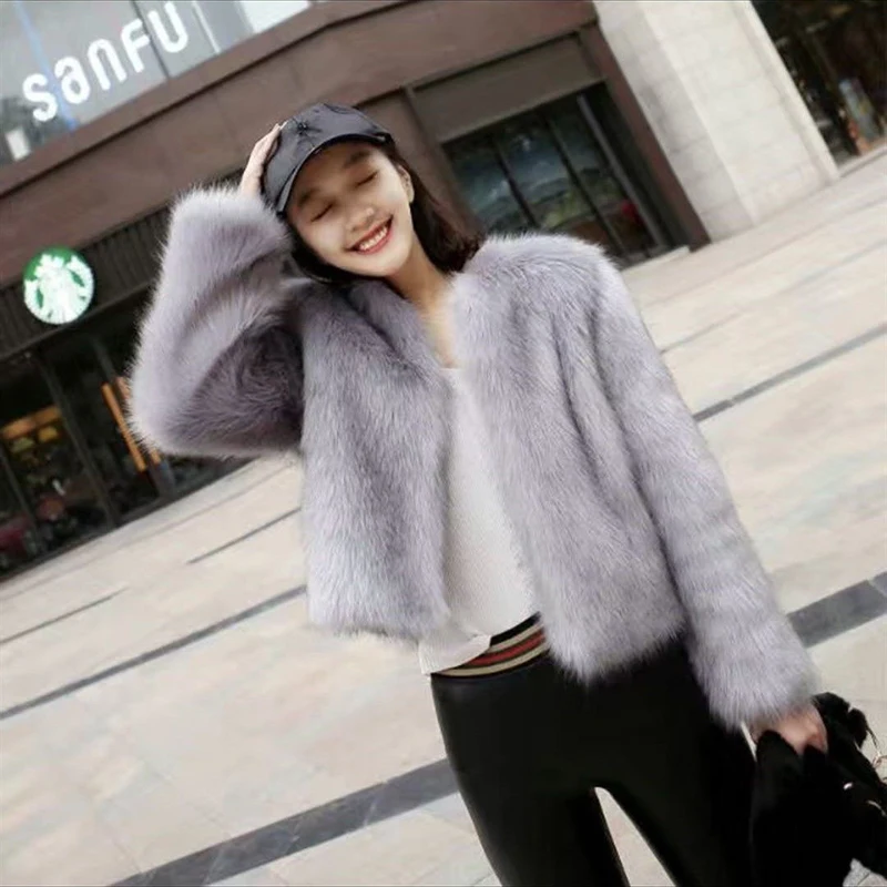 Cropped Black Faux Fur Coat Women Fashion Elegant Luxury White Fluffy Jacket Winter Ladies Korean Pink Design Furry Outerwears