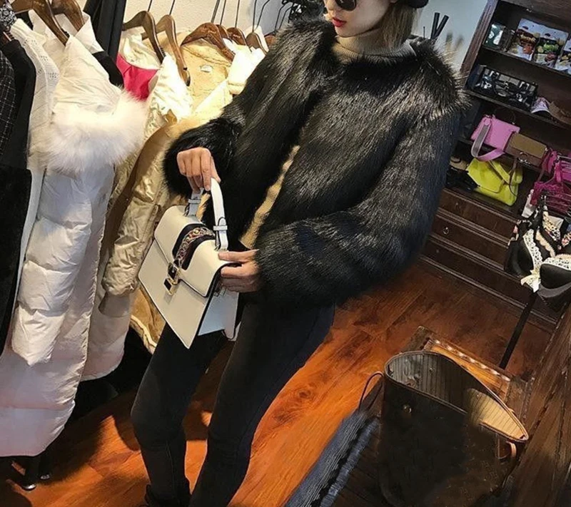 Cropped Black Faux Fur Coat Women Fashion Elegant Luxury White Fluffy Jacket Winter Ladies Korean Pink Design Furry Outerwears