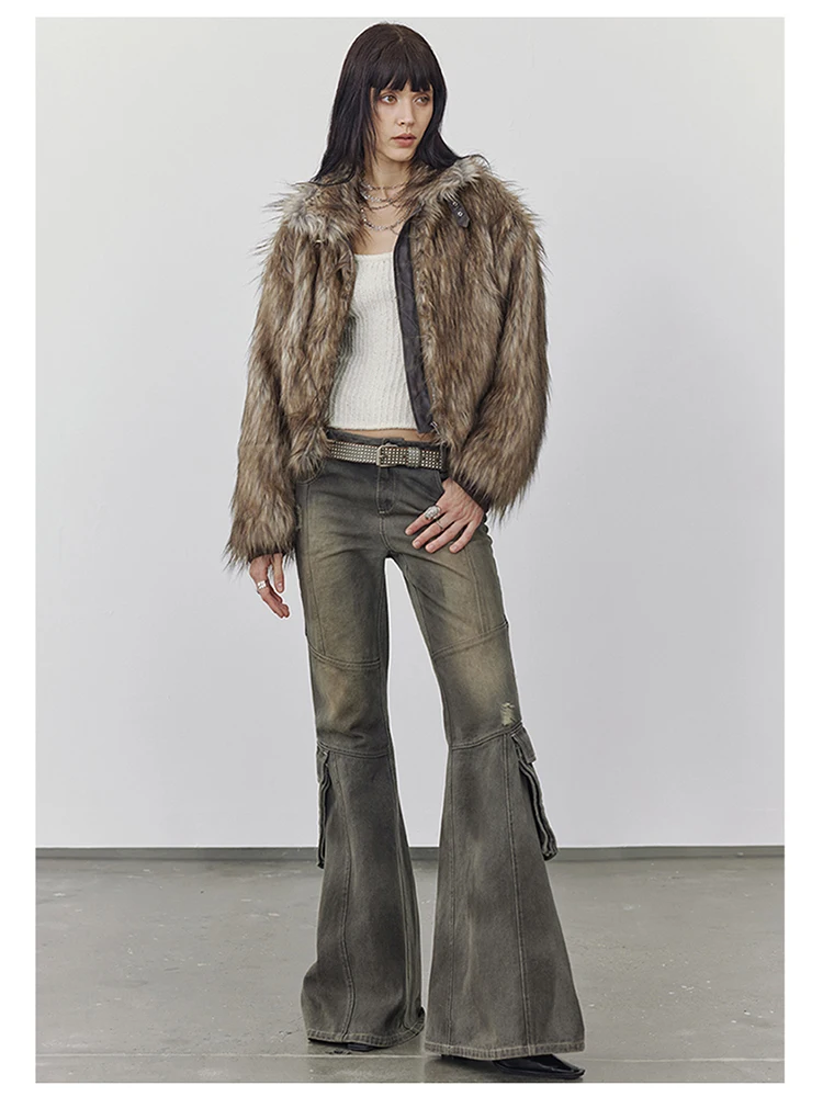 Lautaro Autumn Winter Short Warm Thick Hairy Shaggy Patchwork Faux Raccoon Dog Fur Coat Women Zipper Luxury Fluffy Jacket 2024