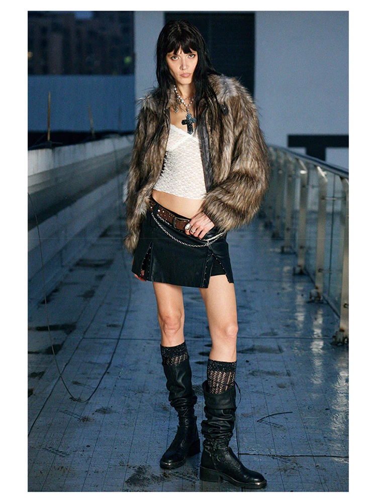 Lautaro Autumn Winter Short Warm Thick Hairy Shaggy Patchwork Faux Raccoon Dog Fur Coat Women Zipper Luxury Fluffy Jacket 2024