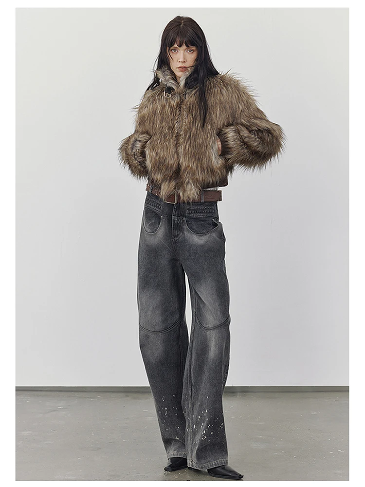 Lautaro Autumn Winter Short Warm Thick Hairy Shaggy Patchwork Faux Raccoon Dog Fur Coat Women Zipper Luxury Fluffy Jacket 2024