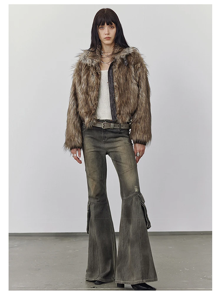 Lautaro Autumn Winter Short Warm Thick Hairy Shaggy Patchwork Faux Raccoon Dog Fur Coat Women Zipper Luxury Fluffy Jacket 2024