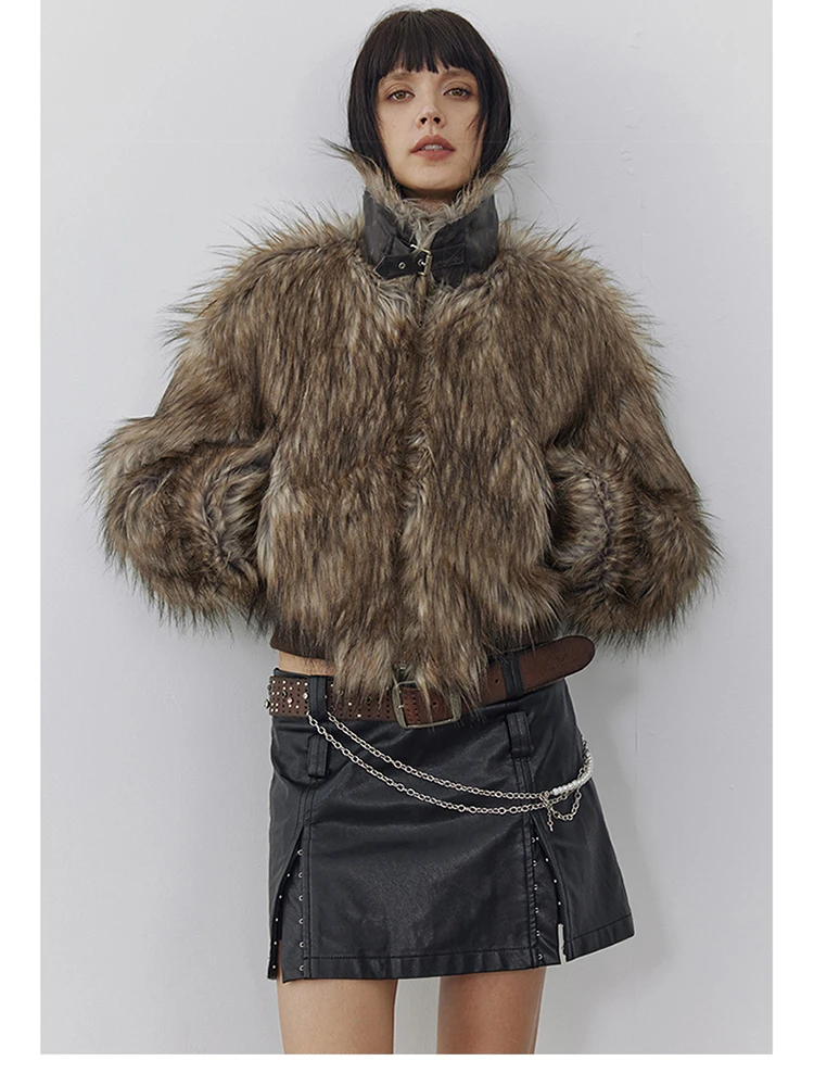Lautaro Autumn Winter Short Warm Thick Hairy Shaggy Patchwork Faux Raccoon Dog Fur Coat Women Zipper Luxury Fluffy Jacket 2024